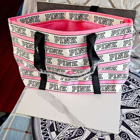 PINK Victoria's Secret Logo Tote Pink and Black NEW - Picture 1 of 13